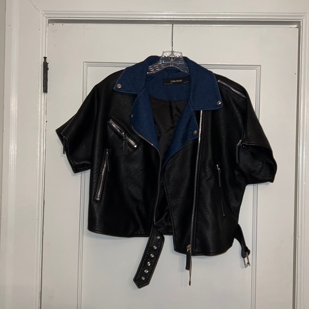 Zara faux leather and denim detailed short sleeve jacket